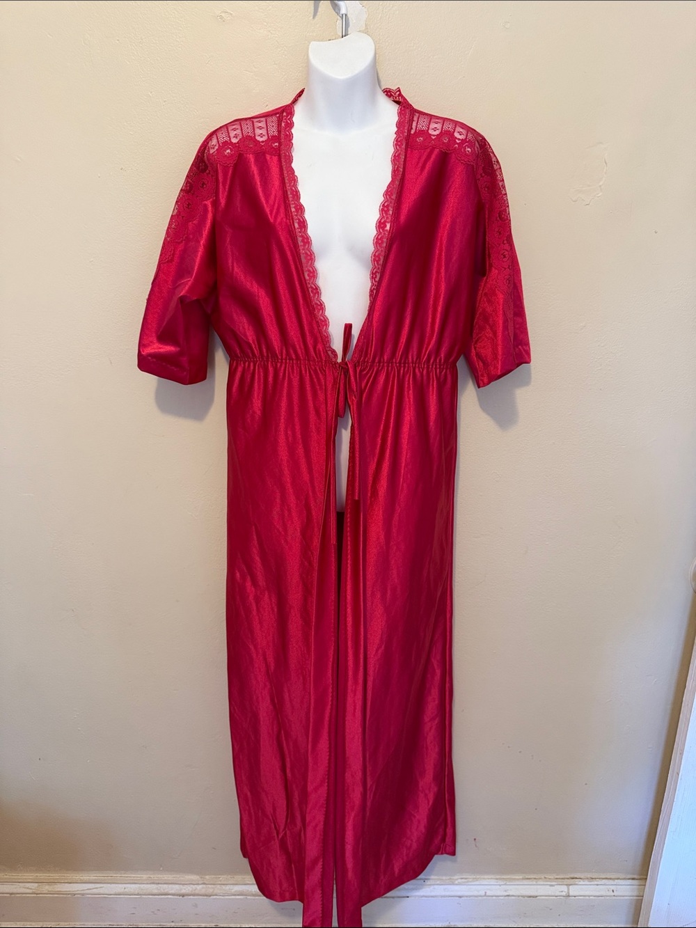 Red Satin Lace-Trim Robe with Tie Waist